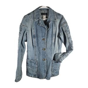 CARAMBA Y2K Fitted Ruched Trim Light Denim Jacket Women's Size Small Pockets EUC
